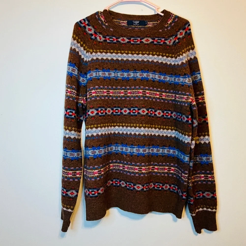 100% Lambs wool J. Crew Brown and Blue Patterned Crewneck Sweater
